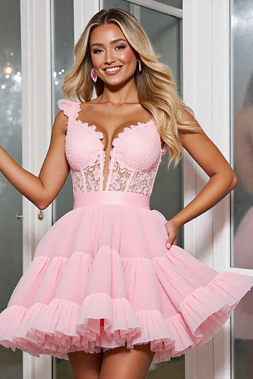 Light Pink Tulle Corset Appliqued A Line Short Prom Dress